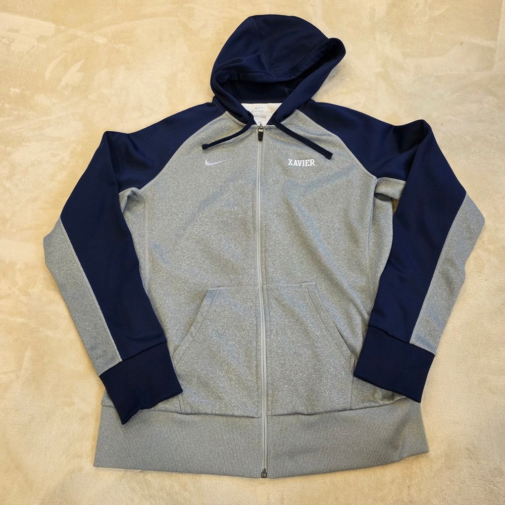 Nike Therma-FIT Hoodie Mens Large Xavier Musketeers Full Zip Gray Navy EUC